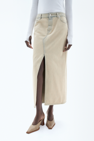 Shop Filippa K Long Slit Denim Skirt In Beige