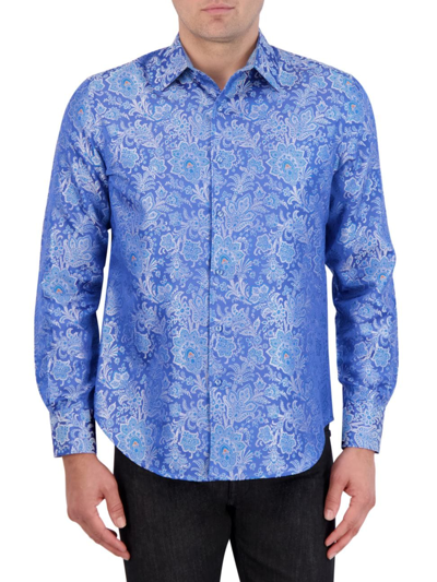 Shop Robert Graham Men's Floral Brocade Silk-blend Shirt In Light Blue