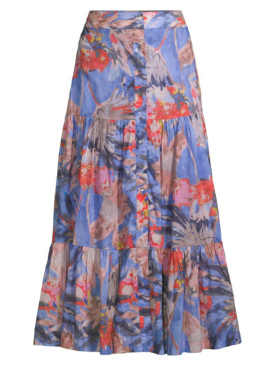 Shop Nic + Zoe Women's Dreamscape Tiered Midi-skirt In Blue Multi