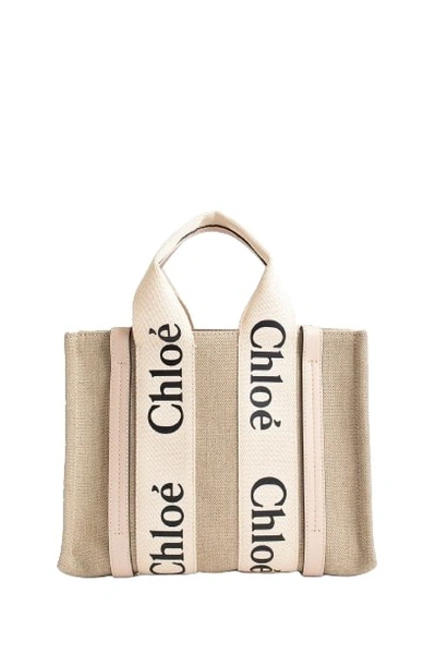 Shop Chloé Beige Small Woody Tote Bag In Linen Canvas And Shiny Calfskin In Neutrals