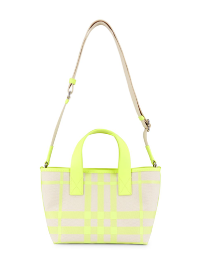Shop Burberry Kid's Check Canvas Tote Bag In Vivid Lime Check