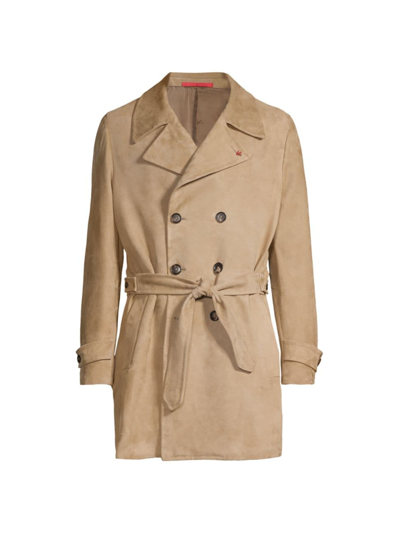 Shop Isaia Men's Suede Double-breasted Trench Coat In Dark Beige