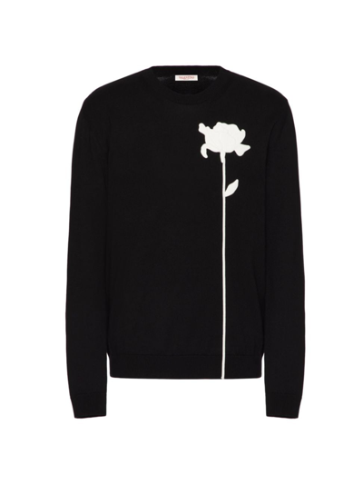 Shop Valentino Men's Wool Crewneck Sweater With Flower Embroidery In Black