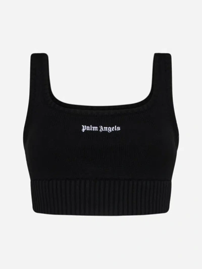 Shop Palm Angels Logo Cotton Knit Crop Top In Black,off White