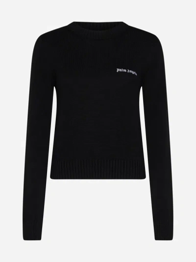 Shop Palm Angels Logo Cotton Sweater In Black,off White