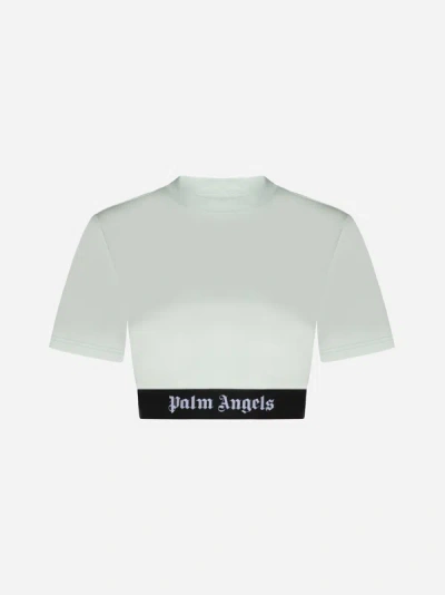 Shop Palm Angels Logo Cotton Cropped T-shirt In Mint,black