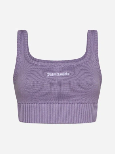 Shop Palm Angels Logo Cotton Knit Crop Top In Lilac,off White