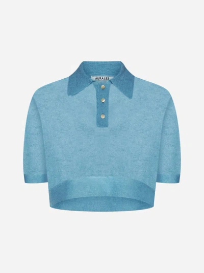 Shop Auralee Mohair-blend Cropped Polo Shirt In Turquoise Blue