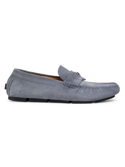 Shop Versace Men's Medusa Leather Driver Loafers In Silver