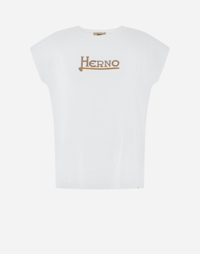 Herno White Interlock Jersey Logo T-shirt In White/brown