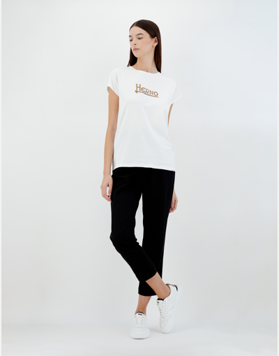 Herno White Interlock Jersey Logo T-shirt In White/brown
