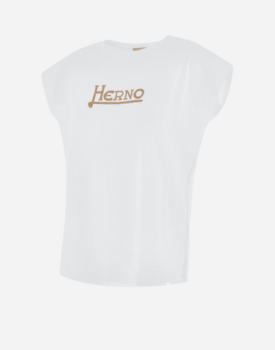 Herno White Interlock Jersey Logo T-shirt In White/brown