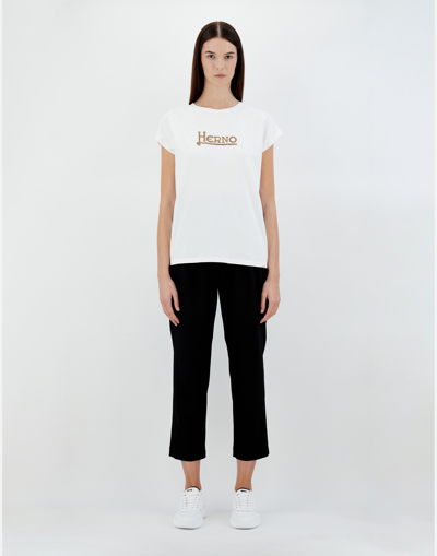 Herno White Interlock Jersey Logo T-shirt In White/brown