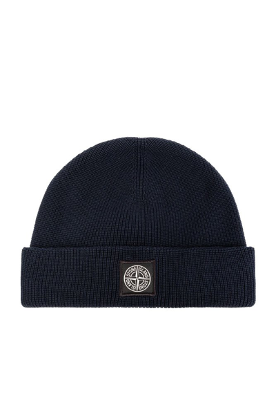 Shop Stone Island Logo Patch Knitted Beanie In Blue