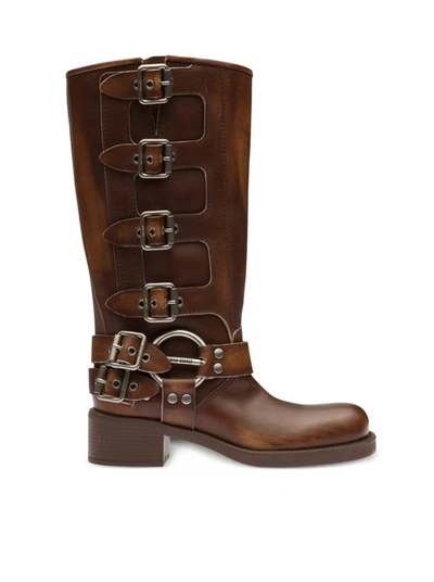 Shop Miu Miu Leather Boots In Brown