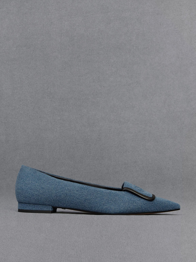 Shop Charles & Keith - Leather & Denim Pointed-toe Flats In Blue