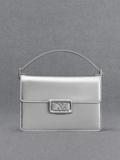 Shop Charles & Keith - Leather Metallic Boxy Bag In Silver