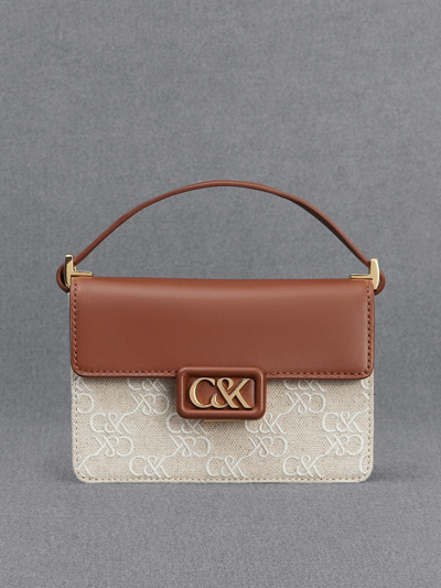 Shop Charles & Keith - Leather & Canvas Two-tone Boxy Bag In Cognac
