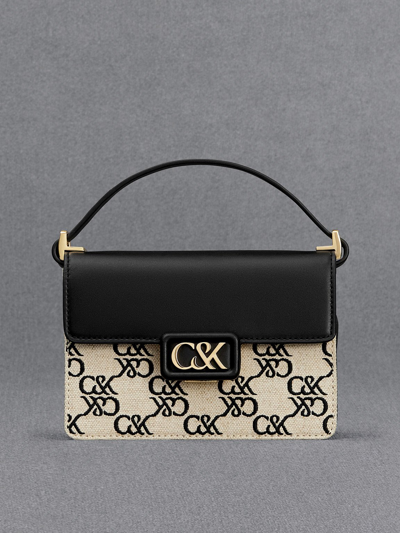 Shop Charles & Keith Leather & Canvas Monogram Boxy Bag In Black