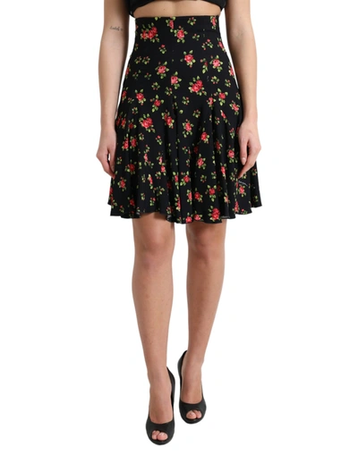 Shop Dolce & Gabbana Black Rose Print High Waist A-line Mini Skirt