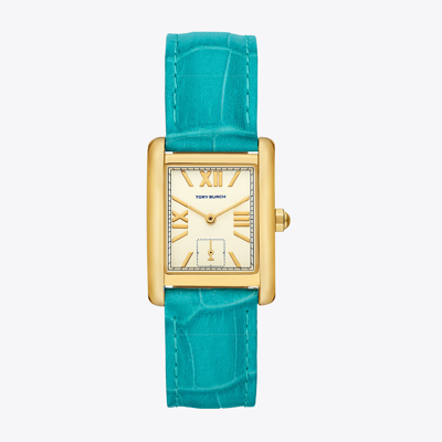 Shop Tory Burch Eleanor Watch, Croc Embossed Leather/gold-tone Stainless Steel In Ivory/turquoise