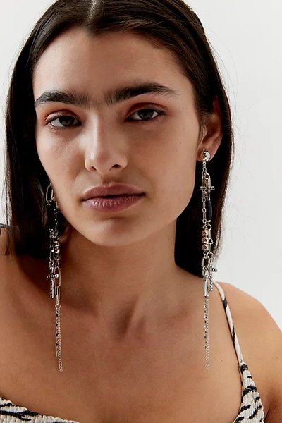 Shop Urban Outfitters Cross Fringe Drop Earring In Silver/black, Women's At