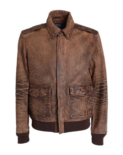 Shop Polo Ralph Lauren Leather Flight Jacket Man Jacket Brown Size L Bovine Leather