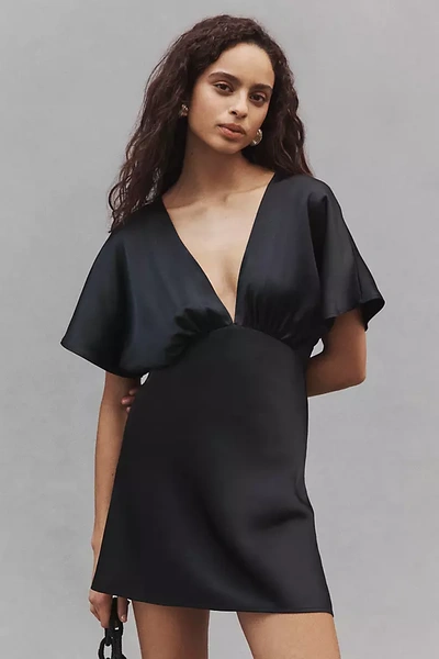 Shop Bhldn Leila Stretch Satin Deep-v Mini Dress In Black
