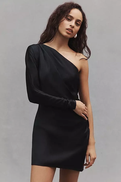 Shop Bhldn Lucy Stretch Satin One-shoulder Mini Dress In Black