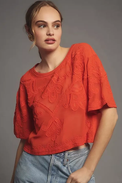 Shop By Anthropologie Sheer Embroidered Boxy Top In Red