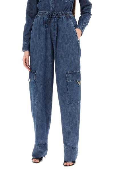 Shop Valentino Denim Chambray Cargo Jeans In Blue