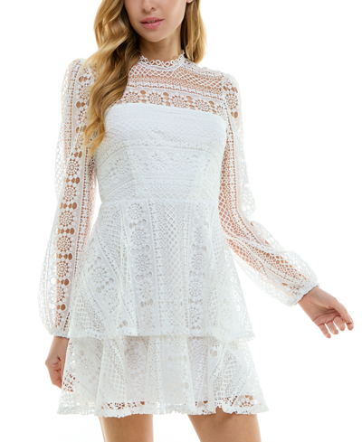 Shop City Studios Juniors' Long-sleeve Tiered Lace Dress In Ivory