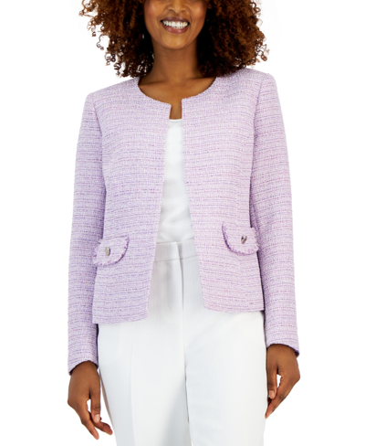 Shop Kasper Petite Tweed Fringe Collarless Open-front Jacket In Lavender Mist Multi