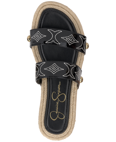 Shop Jessica Simpson Women's Jasdin Stitched-trim Flat Sandals In Black Faux Leather