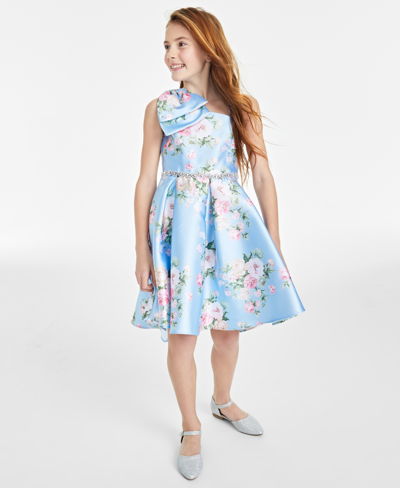 Shop Rare Editions Big Girls Bow-shoulder Floral Mikado Dress, Created For Macy's In Blue