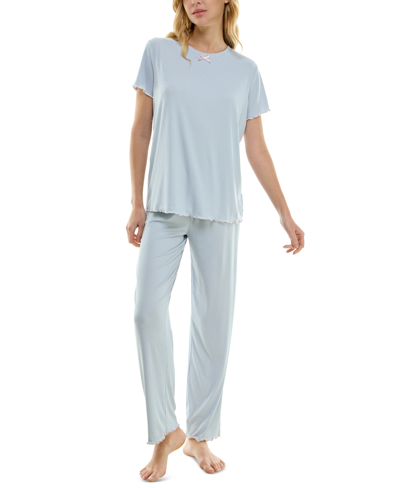 Shop Derek Heart Women's 2-pc. Ribbed Lettuce-edge Pajamas Set In Pearl Blue
