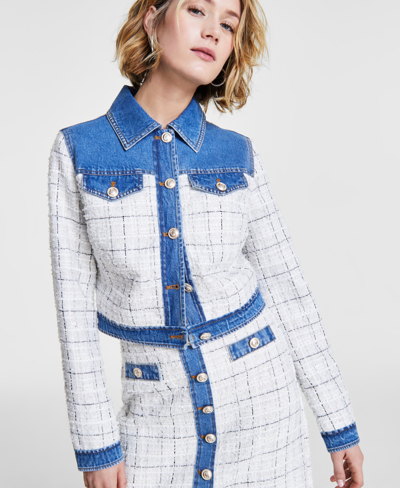 Shop Guess Women's Natalie Tweed & Denim Jacket In Check Tweed Wht,dnm Wht