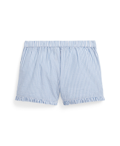 Shop Polo Ralph Lauren Toddler And Little Girls Striped Ruffled Cotton Seersucker Shorts In Blue White