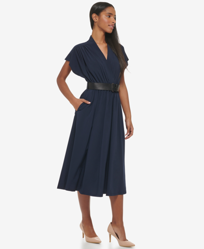 Shop Calvin Klein Women's Belted Cap-sleeve Midi Dress In Twlight