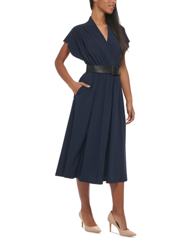 Shop Calvin Klein Women's Belted Cap-sleeve Midi Dress In Twlight