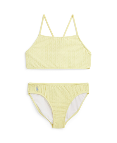 Shop Polo Ralph Lauren Big Girls Mini-cable Jacquard Round Neck Two-piece Swimsuit In Wicket Yellow With Blue Hyacinth