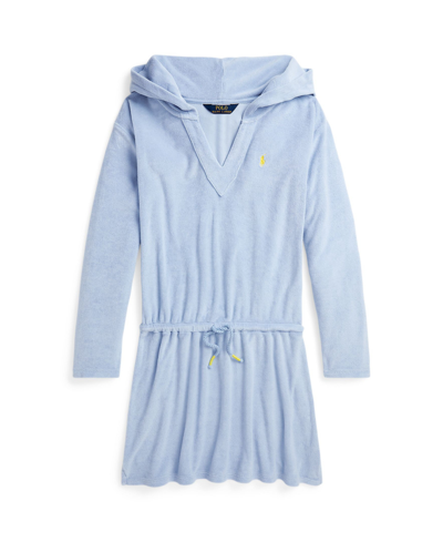 Shop Polo Ralph Lauren Big Girls Hooded Terry Cover-up Swimsuit In Blue Hyacinth With Oasis Yellow