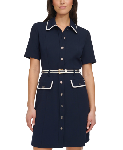 Shop Tommy Hilfiger Women's Scuba-crepe Contrast-trim Shirtdress In Sky Captain.ivory