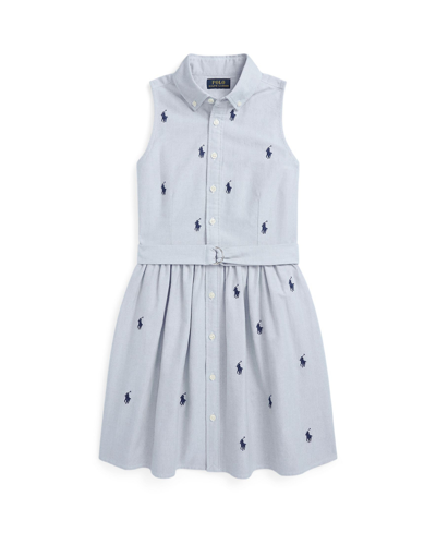 Shop Polo Ralph Lauren Big Girls Belted Polo Pony Oxford Sleeveless Shirtdress In Blue Hyacinth