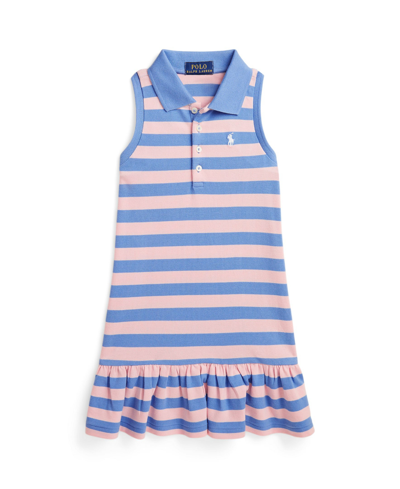 Shop Polo Ralph Lauren Toddler And Little Girls Striped Stretch Mesh Polo Dress In Garden Pink,harbor Island Blue