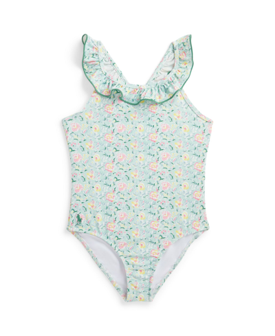 Shop Polo Ralph Lauren Toddler And Little Girls Floral Ruffled One-piece Swimsuit In Simone Floral With Celestial Blue