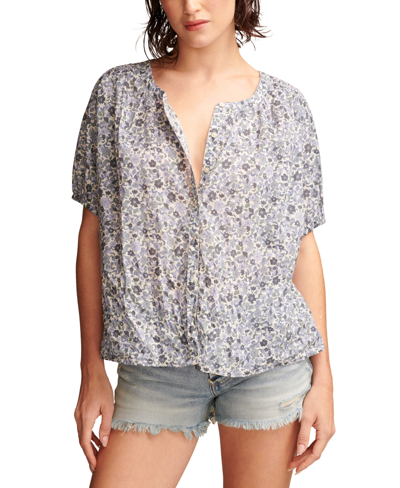 Shop Lucky Brand Women's Printed Cotton Smocked-trim Blouse In Blue Multi