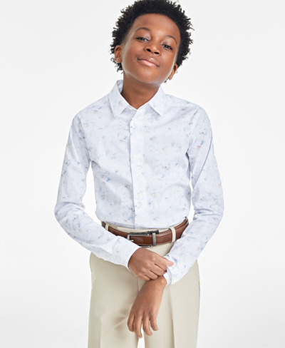 Shop Calvin Klein Big Boys Slim-fit Long-sleeve Stretch Floral-print Shirt In White