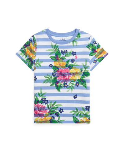 Shop Polo Ralph Lauren Toddler And Little Girls Striped Floral Cotton Jersey T-shirt In Harbor Island Blue And White Stripe With
