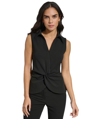 Shop Calvin Klein Women's Collared Twist-front Sleeveless Top In Black